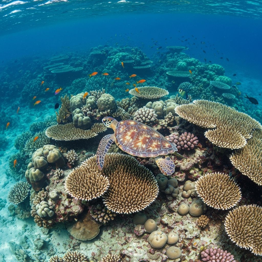 Sea turtle swimming over coral reef at Apo Island Marine Sanctuary