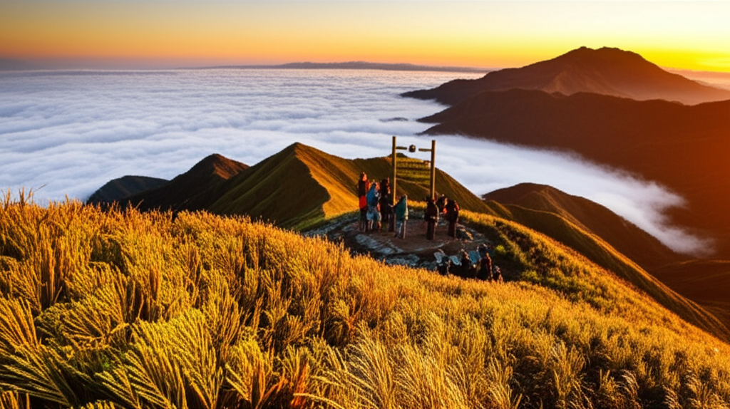 Mt. Pulag grassland summit at sunrise above clouds